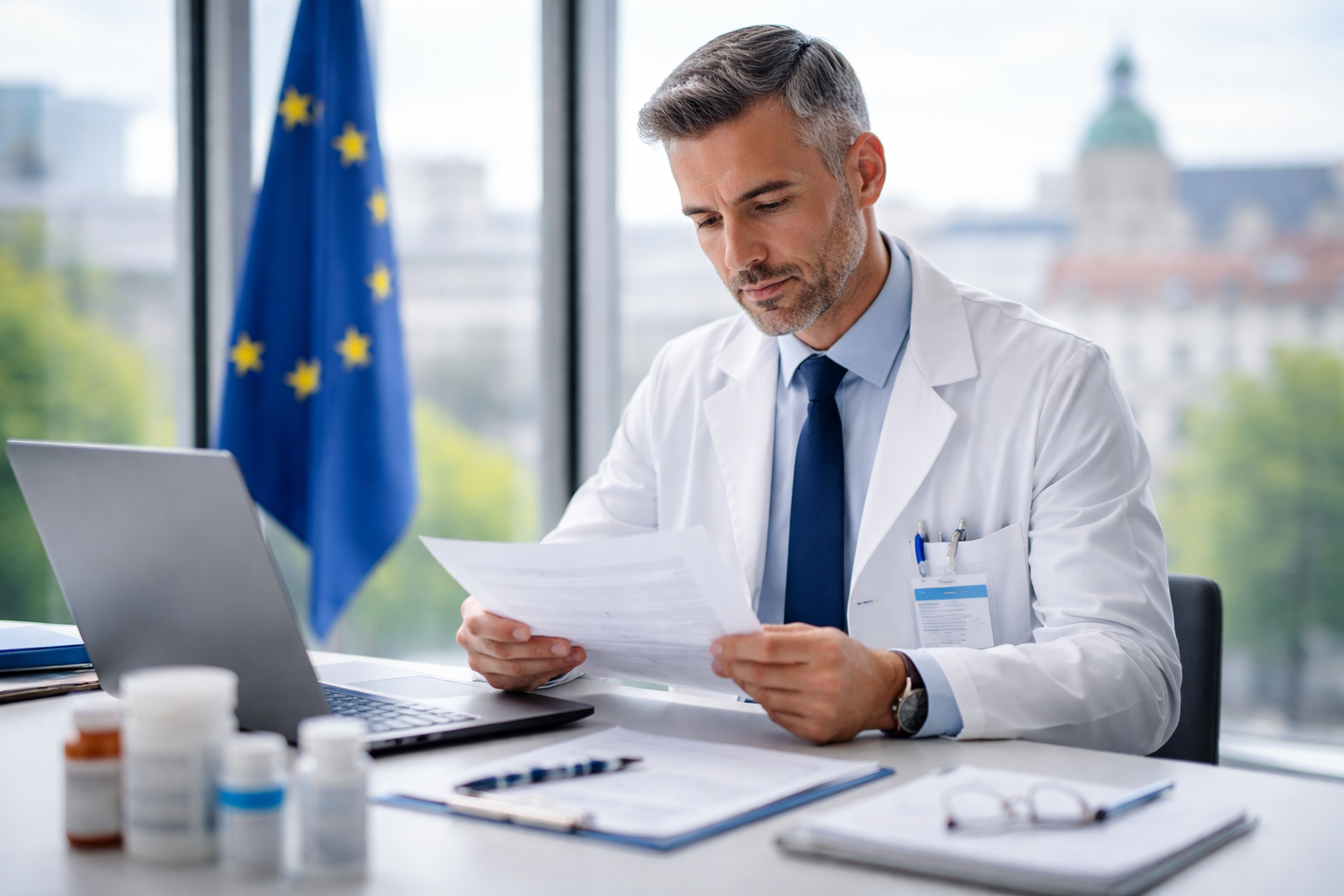 photographic A pharmaceutical professional reviewing documents at a sleek modern desk EU flag subtly visible in soft focus in the background floortoce-1
