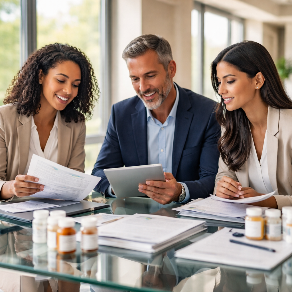 photographic Photorealistic medium shot of a diverse group of three pharmaceutical consultants  two women and one man  gathered around a glass desk re-1