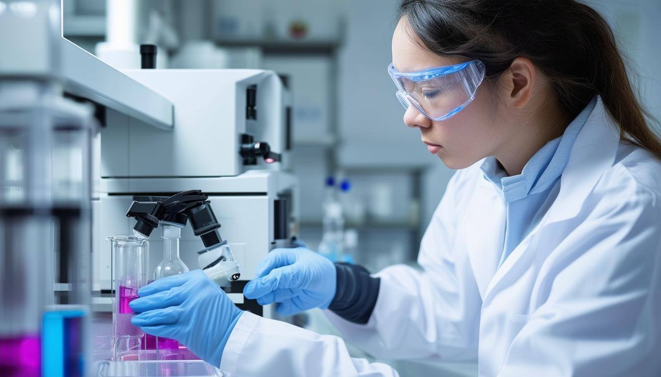 professional image of a laboratory setting, showcasing a scientist in a lab coat analyzing a sample using advanced equipment like a chromatograph or a